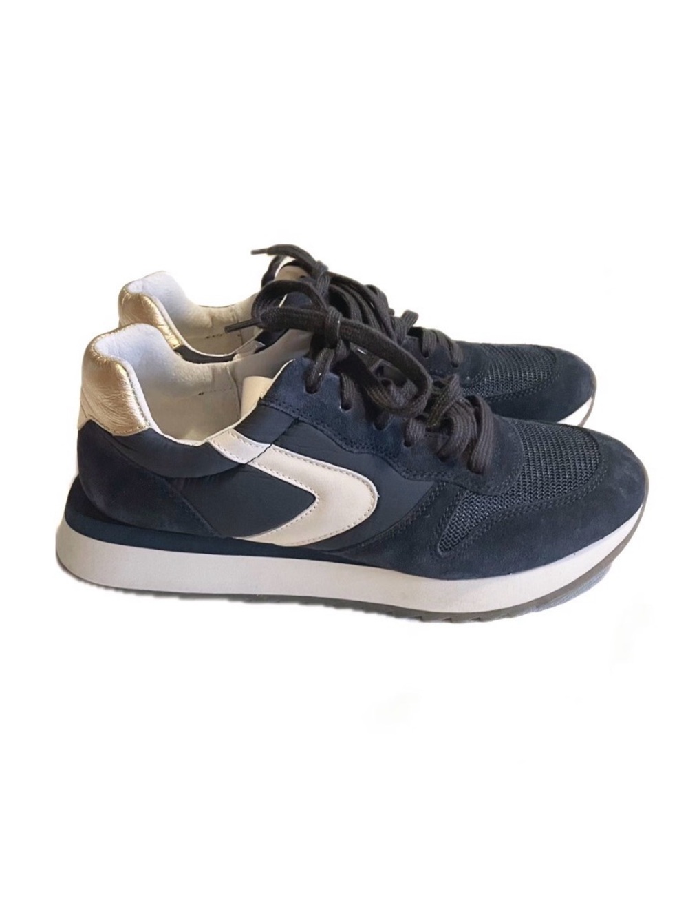 Sofft Navy Blue White Gold Leather Suede Sneakers
